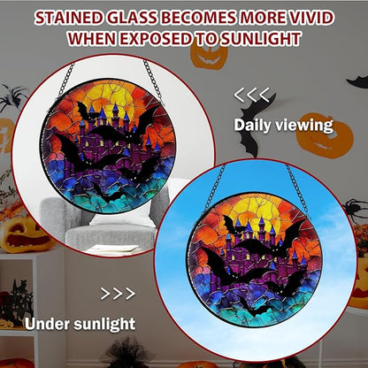 Bat Stained Glass Window Hanging, Horror Movies Decor Suncatcher for Window Hanging, Moon Sun Catchers Indoor Windows Wall Art, Gifts for Bat Lovers, Christmas Decor, for Home Garden Office 7.87 inch