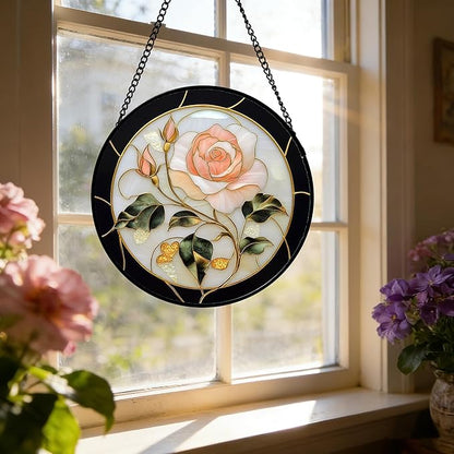 Stained Glass Window Hanging - Black White Pink Rose Sun Catcher for Door Home Decor Flower Suncatcher Christmas Mother's Day Birthday Gifts for Women Men Lovers Mom Nana 15 in