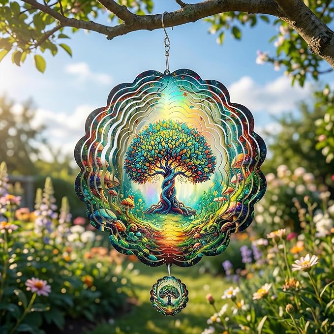 Tree of Life Wind Spinners Outdoor, 12In Stainless Steel Wind Spinners Outside, 3D Kinetic Hanging Sculpture, Rustproof Metal Garden Decor Ornaments for Yard Art, Women, Men, Holidays