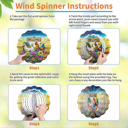Farmhouse Rooster Wind Spinners Outdoor - Chicken Gifts for Women Mom Men Dad Grandpa, 3D Cute Wind Spinner for Yard Patio Ornament Garden Decor, 12 Inch Hanging Kinetic Metal Wind Sculpture