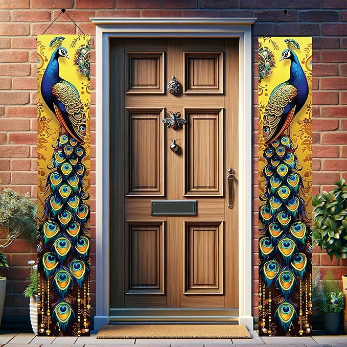 Peacock Porch Banners 180x30 CM Elegant Golden Peacock Decorations Hanging Door Signs Outdoor Home Decor Entryway Welcome Banner for Porch Patio Garden Party