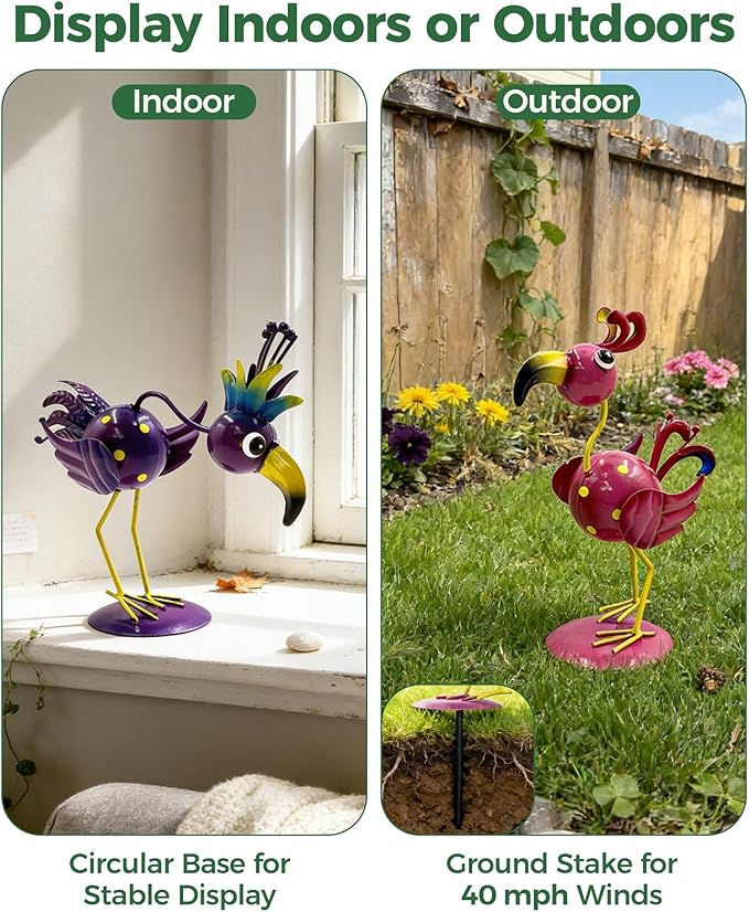 Whimsical Metal Bird Garden Statues Set of 2, Colorful Outdoor Yard Art with Stakes, Weather-Resistant Metal Bird Figurines for Garden Lawn Patio Decor, Cute Garden Gift