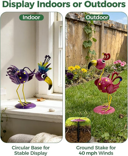 Whimsical Metal Bird Garden Statues Set of 2, Colorful Outdoor Yard Art with Stakes, Weather-Resistant Metal Bird Figurines for Garden Lawn Patio Decor, Cute Garden Gift