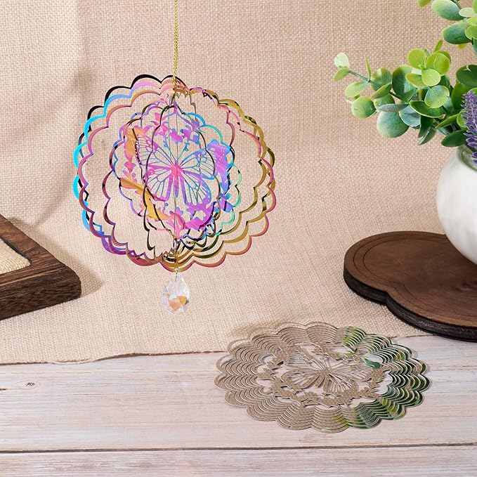 Stainless Steel Reflective Wind Spinners Outsides 3D Butterfly Wind Chimes Gradient Etched Metal Embellishments for Outdoor Indoor Garden Hanging Decor 2Pcs