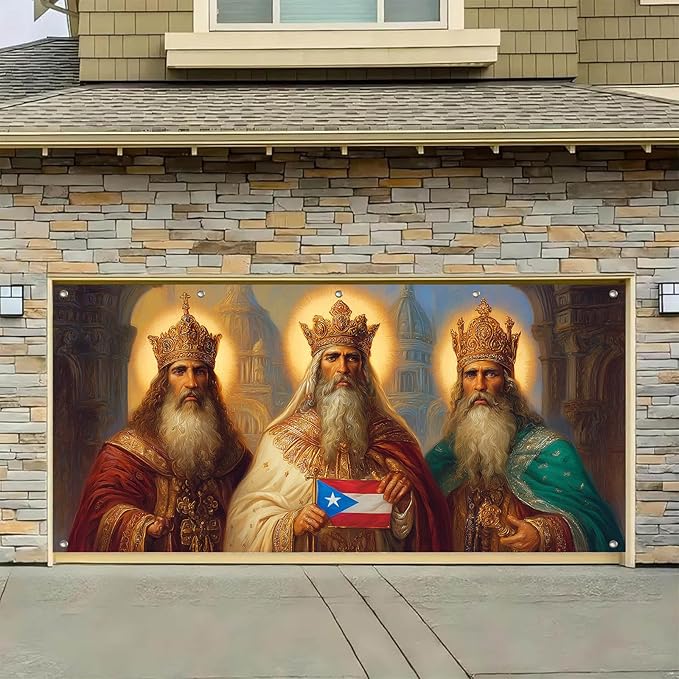 HOMETITUTE 13x6ft Three Kings Day Garage Door Banner Dia de Reyes Puerto Rican Flag Design Polyester Large Outdoor Decoration for Epiphany Celebration Holiday Party Yard Home School