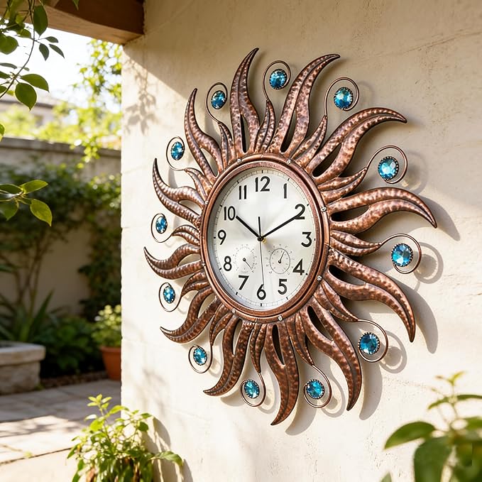 COOZZUHOUR 25 Inch Metal Sun Outdoor Shaped-Clock with Thermometer and Hygrometer Combo, Battery-Powered 10-inch Waterproof Dial and Silent Quartz Movement for Home Decorative Gifts(Bronze)