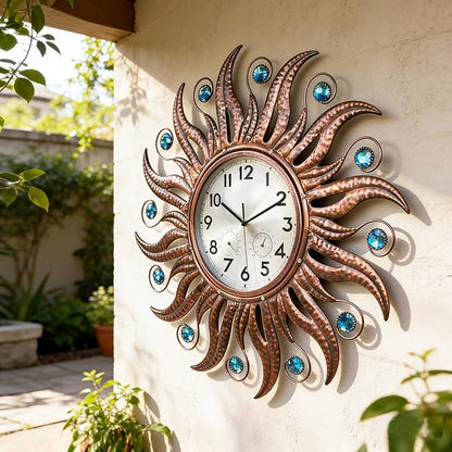 COOZZUHOUR 25 Inch Metal Sun Outdoor Shaped-Clock with Thermometer and Hygrometer Combo, Battery-Powered 10-inch Waterproof Dial and Silent Quartz Movement for Home Decorative Gifts(Bronze)