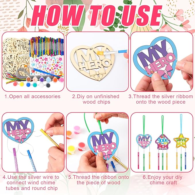 DoubleFill 30 Pack Mother's Day Wind Chime Kit Mom Crafts Make You Own Wind Chimes DIY Coloring Wooden Art and Craft Bulk for Mom's Birthday Gifts Party Decoration Hanging Ornaments