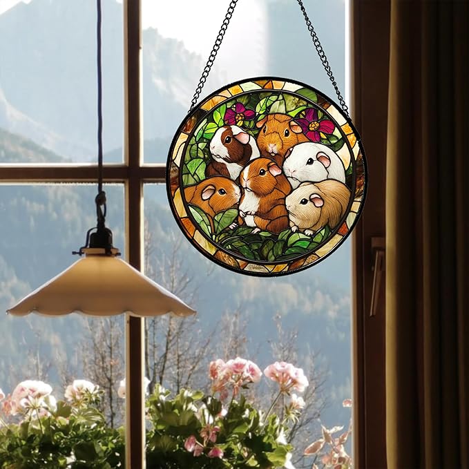 Stained Glass Window Hanging 6 Cute White Brown Guinea Pigs 6.3" - Suncatcher Door Garden Sunroom Sun Catcher Decor Birthday Christmas for Mom Men Woman Nana Friend