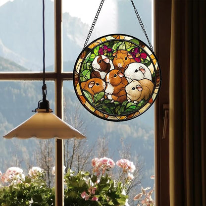 Stained Glass Window Hanging 6 Cute White Brown Guinea Pigs 7.8" - Suncatcher Door Garden Sunroom Sun Catcher Decor Birthday Christmas for Mom Men Woman Nana Friend