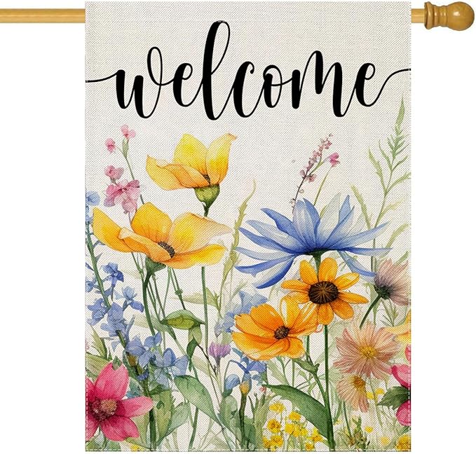 Welcome Flowers House Flags for Outdoor Decoration, Spring Watercolor Floral Large Yard Flag, Decorative Summer Celebration Decor for Seasonal Farmhouse Holiday Outside 28x40 Inch Vertical