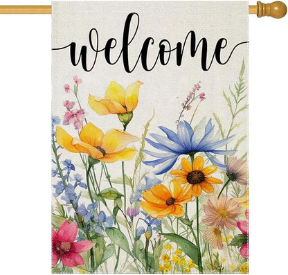 Welcome Flowers House Flags for Outdoor Decoration, Spring Watercolor Floral Large Yard Flag, Decorative Summer Celebration Decor for Seasonal Farmhouse Holiday Outside 28x40 Inch Vertical
