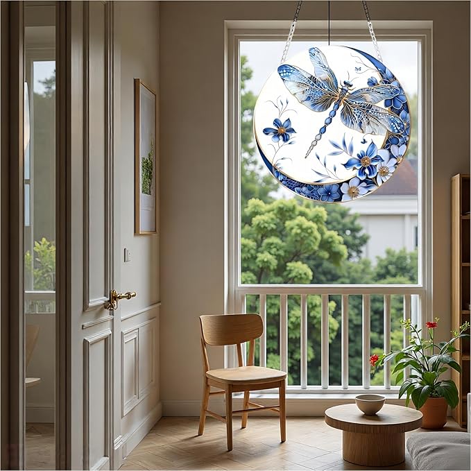Sun Catchers Indoor Window Dragonfly and Flower，8x8 Inch Hanging Acrylic Sun Catchers Indoor Window Decor with Hook for Living Room Bedroom Summer Home Balcony Ornaments Decoration