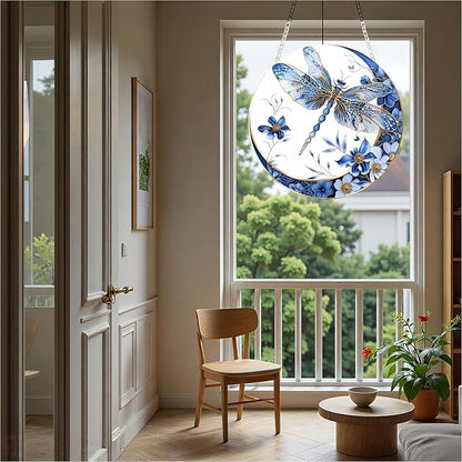Sun Catchers Indoor Window Dragonfly and Flower，8x8 Inch Hanging Acrylic Sun Catchers Indoor Window Decor with Hook for Living Room Bedroom Summer Home Balcony Ornaments Decoration
