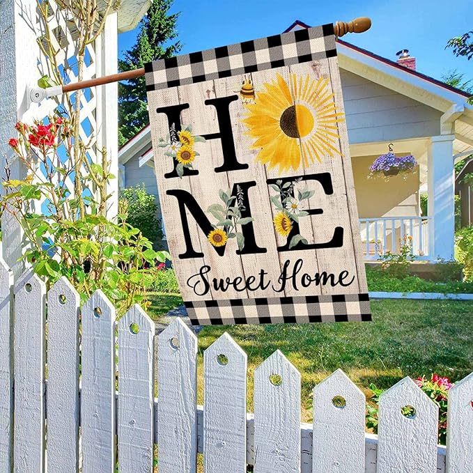 ORTIGIA Summer Sunflower House Flag Burlap Vertical Double Sided 28 x 40 Inch Home Sweet Home Spring Floral Flower Large House Flag Buffalo Check Plaid Home Front Yard Patio Outside Outdoor Decor