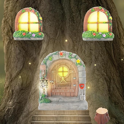Exasinine 6 Pcs Fairy Door and Windows for Trees Glow in The Dark Fairy Doors Miniature Fairy Garden Accessories for Wall Tree Fairy Garden Outdoor Decor with Tree Stump, 2 Fairy Lanterns