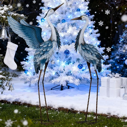 TERESA'S COLLECTIONS Garden Decor, Set of 2 Herons Garden Decor, 23-25", Elegant Herons with Blue Painting, Waterproof Metal Garden Statue, Birthday Gifts for Women Mom