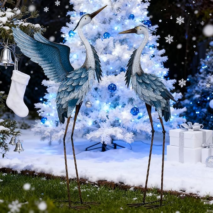 TERESA'S COLLECTIONS Garden Decor Blue Heron Metal Yard Art,38-42" Large Metal Cranes Sculptures & Statues Heron Decoy for Outdoor Indoor Decorations,Outside Patio,Pool, Lawn,Set of 2,Gift for Mom