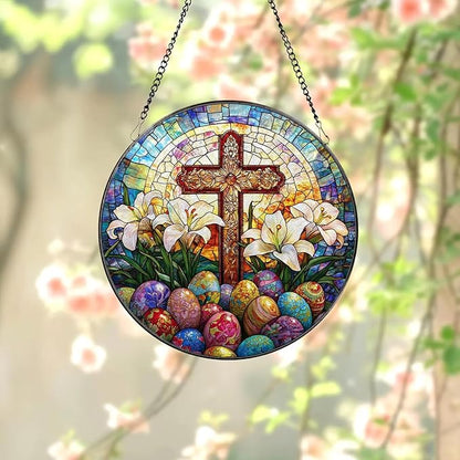 Easter Stained Glass Window Hanging,Suncatcher Cross with Lilies Christian Window Hanging Decor Colorful Religious Glass Ornament for Home, Church, Spring Easter Gifts 7.8 in