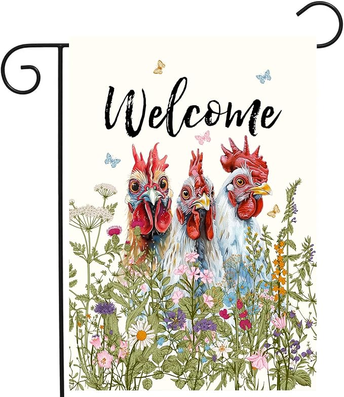 Floral Chicken Garden Flag Spring Summer Yard Flag Flower Rooster Farmhouse Garden Flags for Outside Small Outdoor Welcome Flags 12x18 Double Sided Chicken Coop Decor