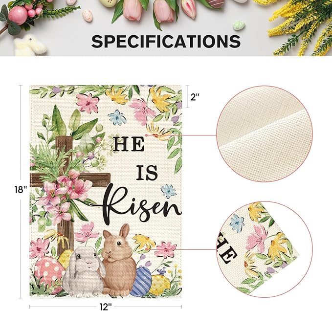 AVOIN colorlife He Is Risen Easter Garden Flag 12x18 Inch Double Sided Outside, Bunnies Flowers Cross Yard Outdoor Decoration