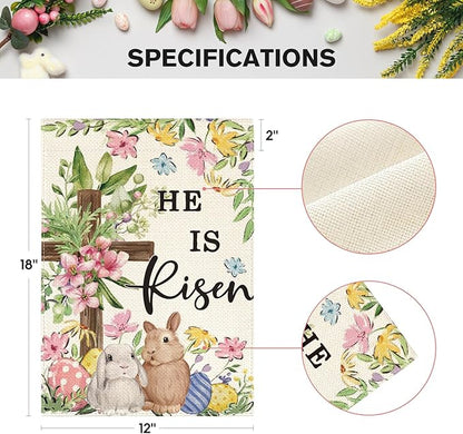 AVOIN colorlife He Is Risen Easter Garden Flag 12x18 Inch Double Sided Outside, Bunnies Flowers Cross Yard Outdoor Decoration