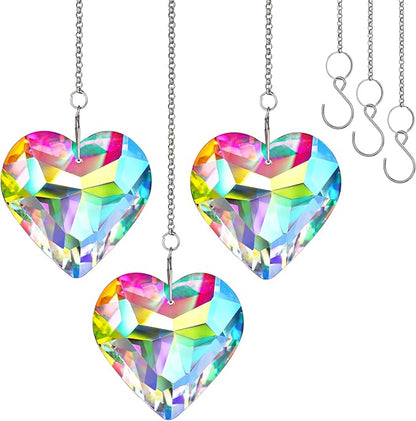 H&D HYALINE & DORA 50mm Geometry Crystal Heart Sun Catcher Prisms Hanging Suncatchers with Glass Prism Rainbow Maker for Windows, Balcony, Kitchen, Garden Decor (AB,3 Pack)