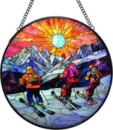 Winter Skiing Stained Glass Window Hanging Suncatchers, Ski Lover Gifts for Women Men Sun Catchers Indoor Window Glass Wall Art Decor, Winter Ski Wall Hanging Decorations Sculptures, 7.9x7.9in