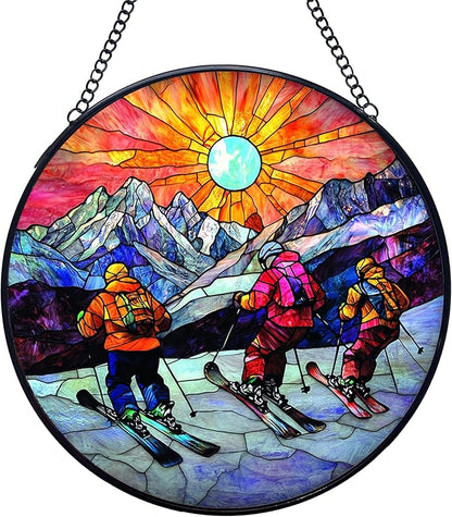 Winter Skiing Stained Glass Window Hanging Suncatchers, Ski Lover Gifts for Women Men Sun Catchers Indoor Window Glass Wall Art Decor, Winter Ski Wall Hanging Decorations Sculptures, 7.9x7.9in
