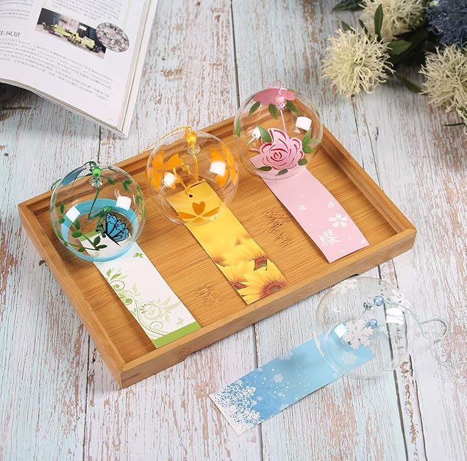 Falytemow Japanese Wind Chimes Romantic Flowers Small Wind Bells Handmade Glass Japanese Style Pendant for Birthday Present Home Decors (Pink Rose, Four Leaf Flower, Butterfly, Snowflake, 8 cm)