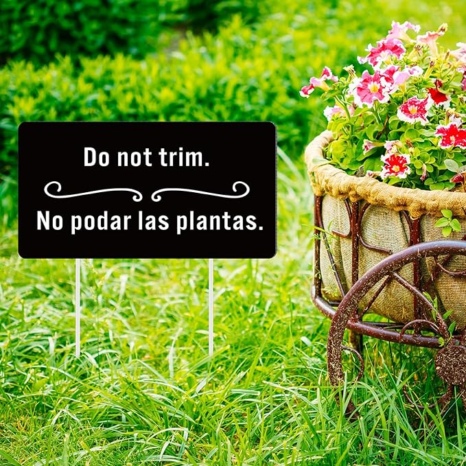 Menkxi 2 Pcs Do Not Trim Yard Signs with Plastic Stakes, 9.2'' x 4.9'' Bilingual Plant Signs Outdoor PP Material Garden Markers, 11.81'' Stake (Black)