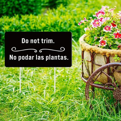 Menkxi 2 Pcs Do Not Trim Yard Signs with Plastic Stakes, 9.2'' x 4.9'' Bilingual Plant Signs Outdoor PP Material Garden Markers, 11.81'' Stake (Black)