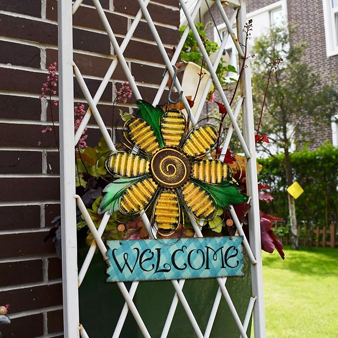 Hanging Welcome Sign Metal Flower Signs Wreath Decor Decorative Door Hanger Indoor Outdoor Spring Decoration for Porch Wall Front Door (Set)