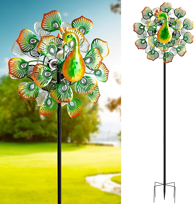 Outdoor Peacock Wind Spinners Featuring Glittering Gem Decor, 13.5" D x 65" H Kinetic Wind Sculptures, 360° Rotatable Metal Garden Wind Spinners for Yard and Outdoor Decor (Green)
