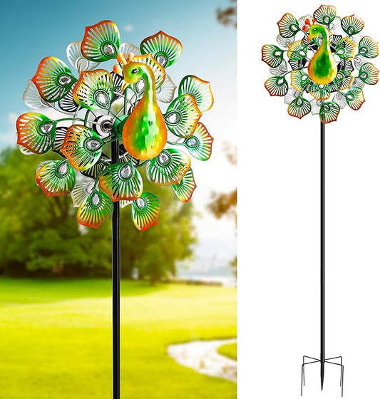 Outdoor Peacock Wind Spinners Featuring Glittering Gem Decor, 13.5" D x 65" H Kinetic Wind Sculptures, 360° Rotatable Metal Garden Wind Spinners for Yard and Outdoor Decor (Green)