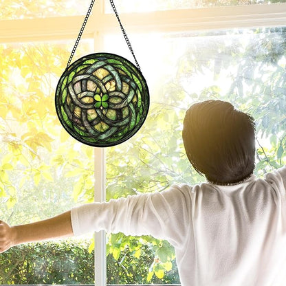 DASTOLL Stained Glass Window Hanging, Abstract Green Clover Sun Catchers Colorful Glass Panel Bless Suncatcher Decor for Birthday for Women, Men, Wife, Aunt, and Mom 6.3 in
