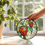 Strawberry Suncatchers Stained Glass Window Hanging, Summer Fruit Sun Catchers Indoor Window Glass Round Wall Decor, Strawberry Wall Hanging Decorations, Fruit Kitchen Decor, 7.9x7.9in