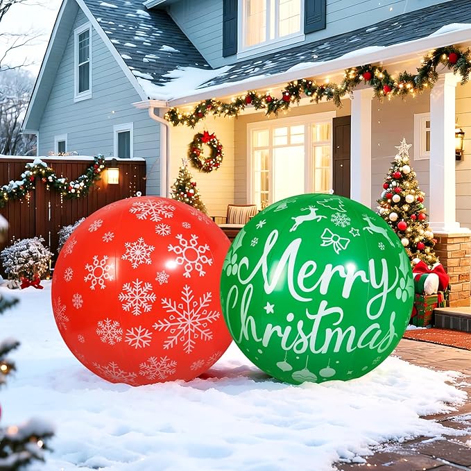 2 PCS 32 Inch Large Christmas Inflatable Balls Outdoor Inflatable Christmas Ball Ornaments for Xmas Garden Lawn Yard Holiday Front Door Window Decoration
