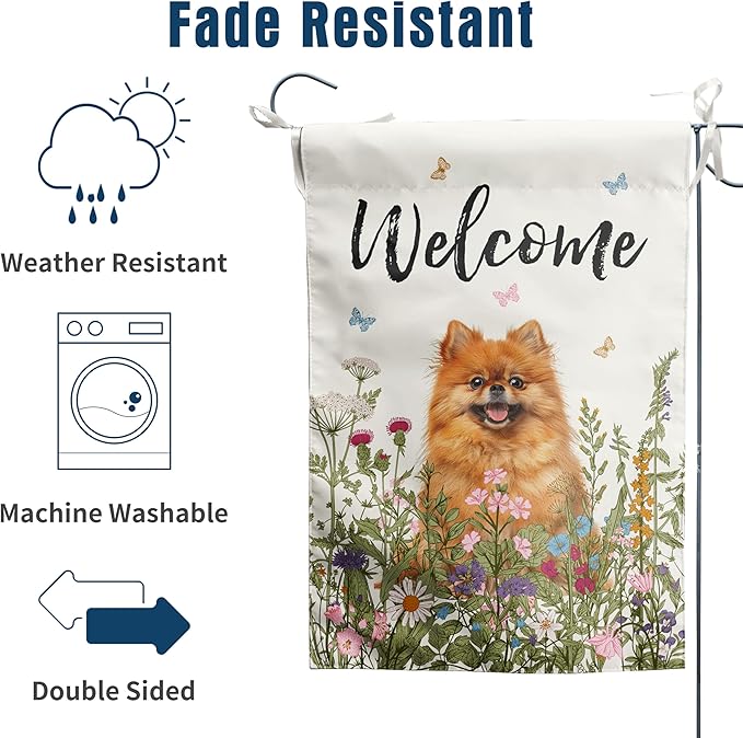 Spring Summer Garden Flag Floral Pomeranian Yard Flag Flower Dog Garden Flags for Outside Small Outdoor Welcome Flags 12x18 Double Sided