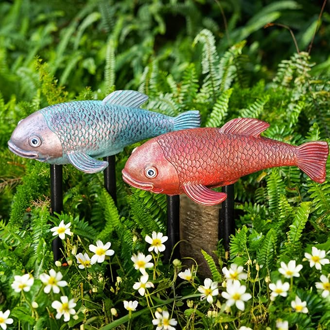 Teaeeno Antique Ceramic Koi Fish Garden Statues - Set of 2 | Exquisite Fish Sculptures for Outdoor, Patio, Pond, and Garden Decorations (Color)