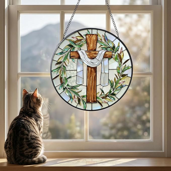 7.9 Inch Cross and Olive Leaves Stained Glass Suncatcher, Cross Sunset Suncatchers for Windows Hanging Indoor Decor, Stained Glass Gift, Christian Gifts, Religious Gifts, Window Decor
