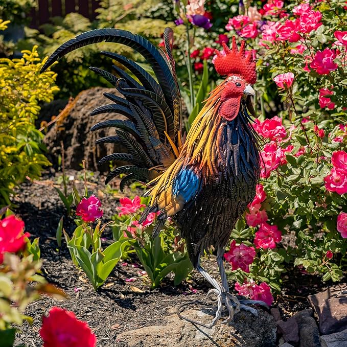 Zaer Ltd. 2.3 Ft. Tall Fancy Ornate Metal Rooster Statue Decorations (Hugo)