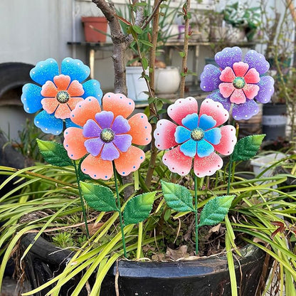 Metal Flowers for Outside, 4 Pcs 16.5 Inch Decorative Garden Stakes, Hand Painted Tin Metal Garden Decor with Glitter, Weather Resistant Outdoor Art for Patio Lawn Yard