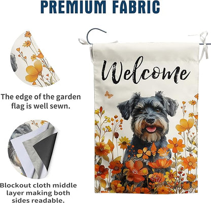 Floral Schnauzer Garden Flag Fall Yard Flag Wildflower Dog Garden Flags Orange Autumn Lawn Flags Welcome Thanksgiving Outdoor Flags for Outside 12x18 Double Sided Small