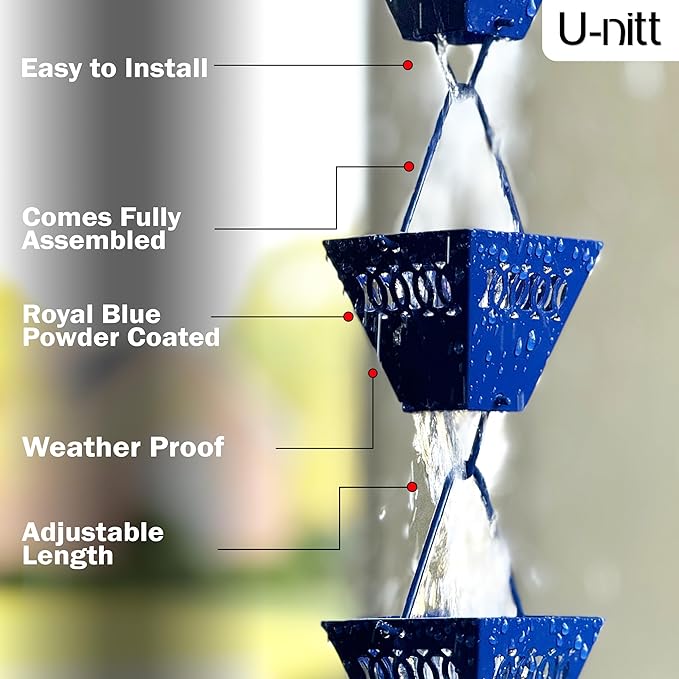 U-nitt Rain Chain Water Collection for Gutters Rainwater Catcher & Diverter, 8.5 FT Chains for Outside Garden, Blue Square Cups, Roof Downspout, Works with Heavy Rain, w/Gutter Clip for Rainchains