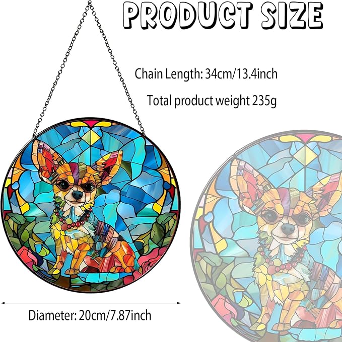 Chihuahua Stained Glass Window Hanging Chihuahua Sun Catcher Decor Dog Lover Gifts for Women Suncatchers for Garden Home Windows Hanging Decoration, 7.87inch