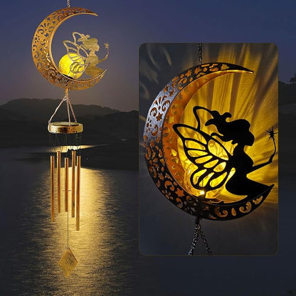 Solar Wind Chimes Moon Fairy Hanging Outdoor Decor Crackle Glass Ball Warm Memorial Wind Chimes Light Patio Lawn Yard Gardening Gift for mom for Grandma Gifts Christmas Decorations