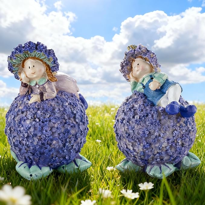 Charming Boy and Girl Garden Figurines Lavender Themed Decor Statues Spring Summer Resin Figures for Outdoor Patio Lawn Yard Art Decoration