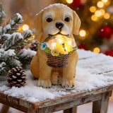 Solar Garden Dog Statue Outdoor Decor – Funny Golden Puppy Figurine with Butterfly & Flower Basket, Resin Yard Porch Patio Ornaments, Unique Christmas Birthday Gifts for Mom Grandma Women