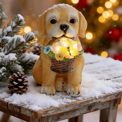 Solar Garden Dog Statue Outdoor Decor – Funny Golden Puppy Figurine with Butterfly & Flower Basket, Resin Yard Porch Patio Ornaments, Unique Christmas Birthday Gifts for Mom Grandma Women